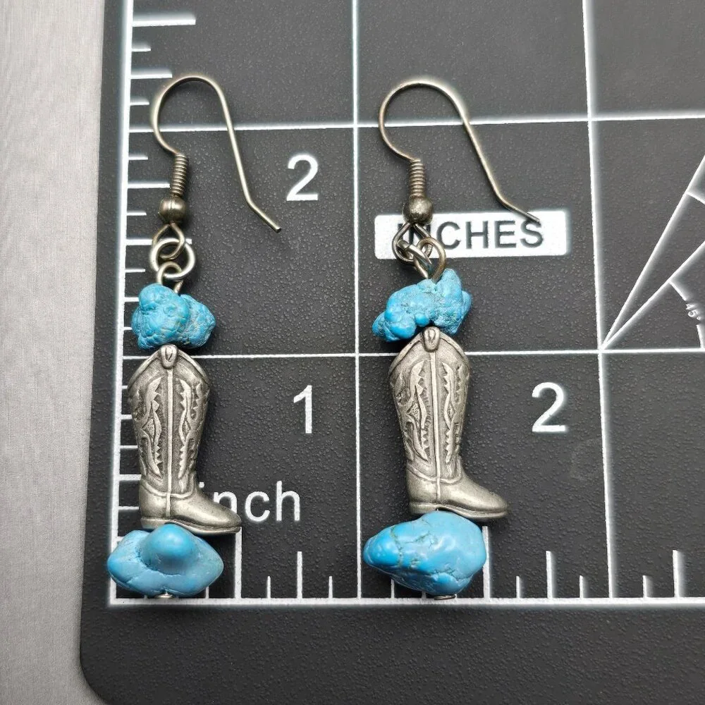 Western Boot Earrings | Turquoise Howlite | Pewter Finish | 2.25" VTG - Picture 4 of 5